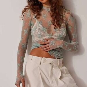 Ethereal Bridgerton Style Lace Top Aqua Mint Sheer Mock Neck Layering Size XL